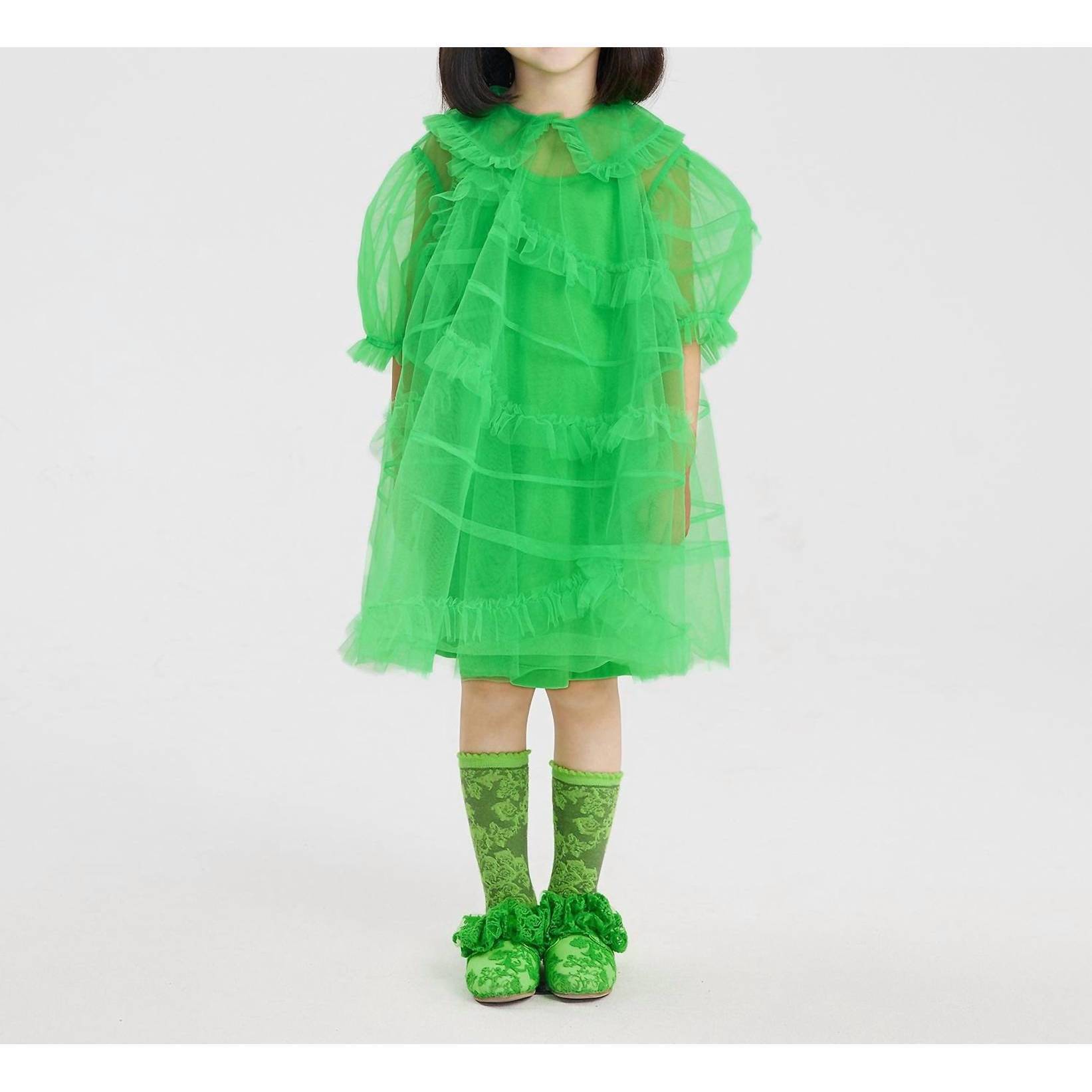 New Jnby Kids Organza Asymmetric Ruffle Collared Dress In Green